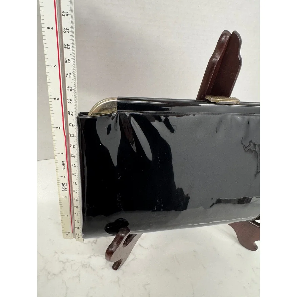Vintage Black Patent Leather Clutch Gold Hardware Evening Bag with Chain Strap